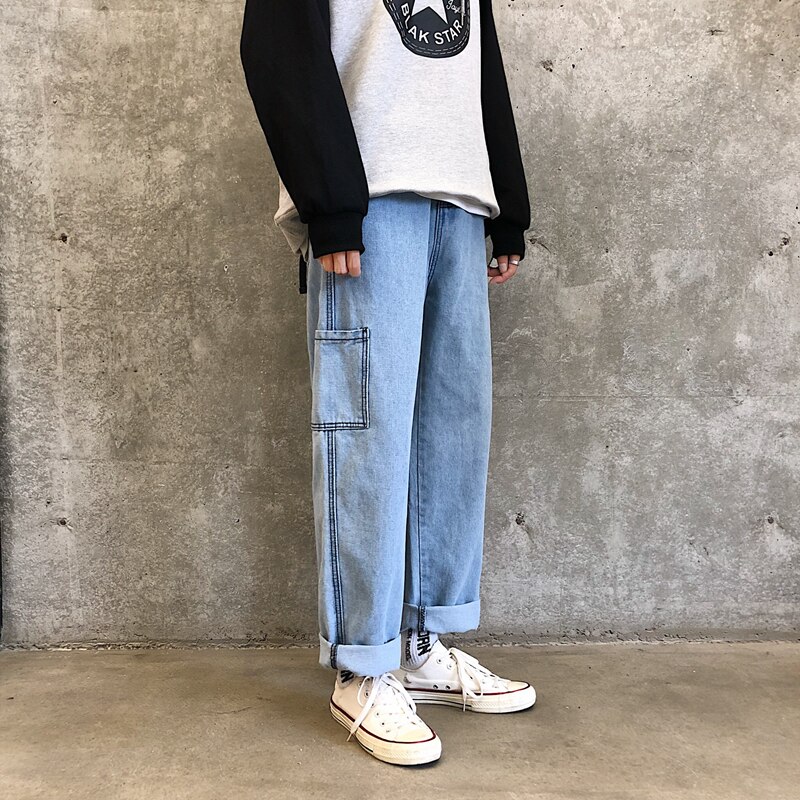 Jeans mænd koreansk mode blå jeans haremsbukser herre japansk streetwear denim baggy løse bukser med brede ben plus størrelse 3xl: Himmelblå / S