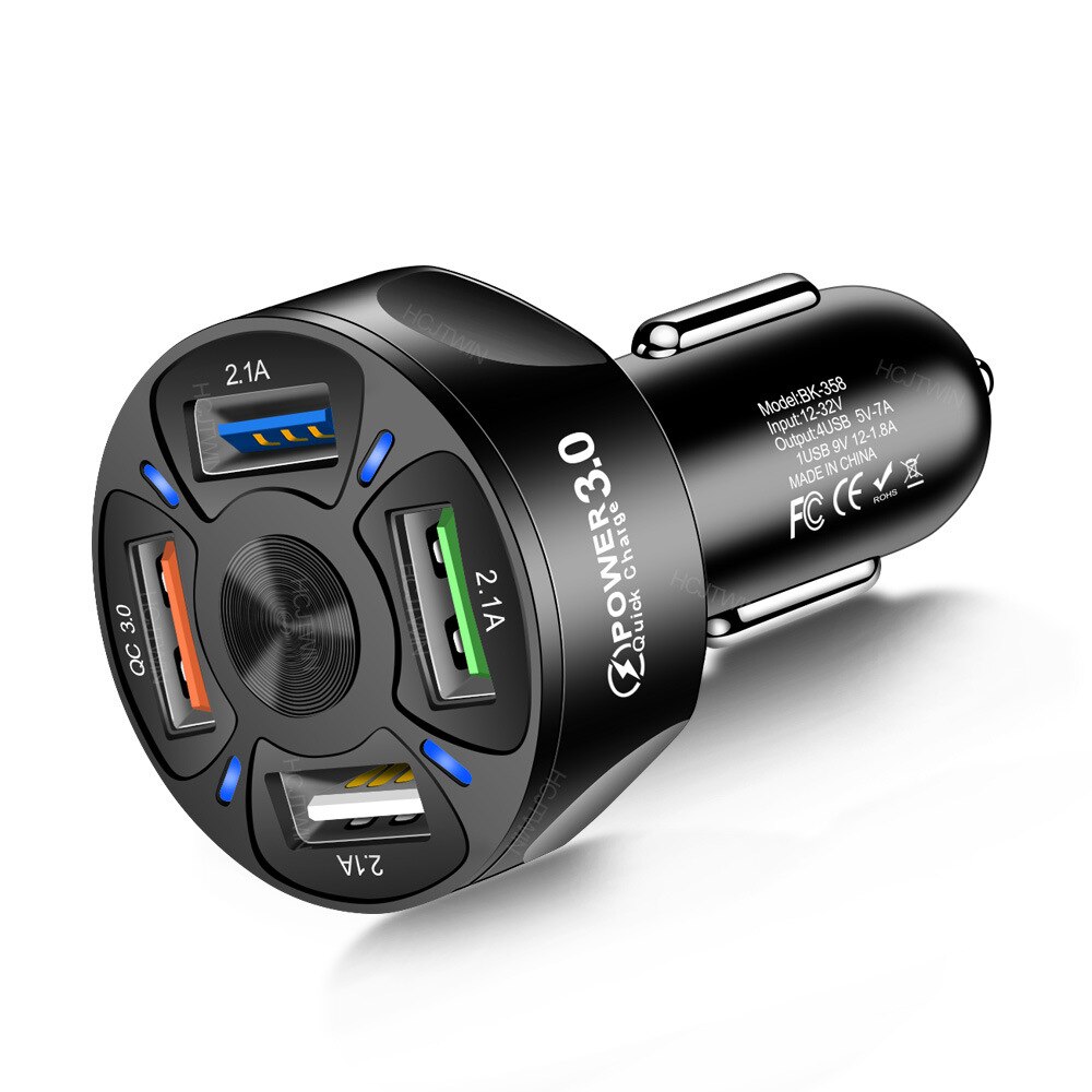Car Charger Quick Charger 12V-32V 3A QC3.0 4 USB Fast Auto Charger Stable Current Output LED Light Mobile Phone Charger: black