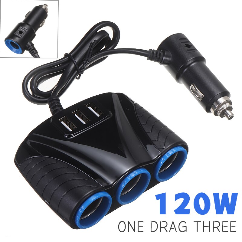 Universal Cars 3 Way DC 12V-24V Multi Socket Car Cigarette Splitter Lighter Durable Automobile USB Plug Charger