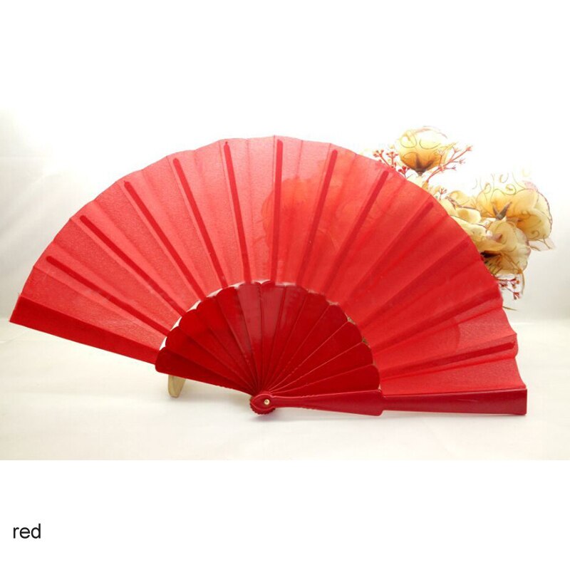 Abanico de plástico de poliéster y algodón para decoración del hogar, accesorio plegable de 13 colores, ideal para fiestas, baile al aire libre, portátil, 23cm de longitud, 1 Uds.: Rojo