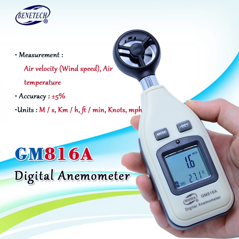 100% originele BENETECH GM816A Digitale Anemometer Wind meter met LCD backlight display Handheld windmeter