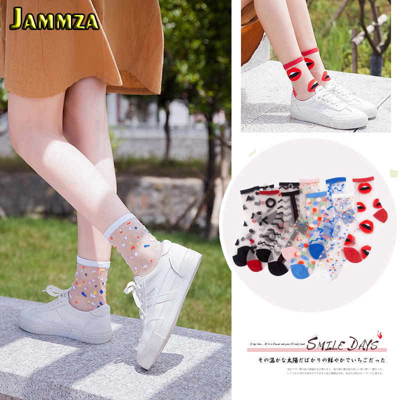 Spring Summer Ultra-thin Glass filament Socks Woman Printing Dots Korean Style Silk Socks Cute Stripe Transparent Socks