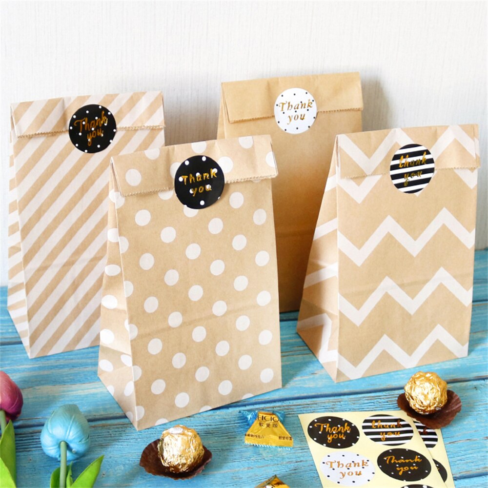 5 Sets Polka Dot Stripe Blank Kraft Paper Bags Candy Bag Wedding Birthday Party DIY Packaging Bags With Thank You Sticker