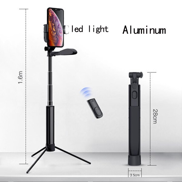live Tripod Selfie Stick LED Ring light Handheld Stabilizer Steadicam 5 in 1 for iPhone X 8 Android SmartPhone VS Gimbal: Aluminum 1.6m Black