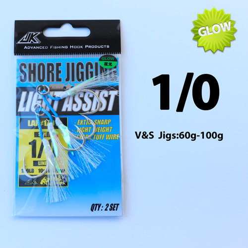 JK Fishing Hooks Sea Glow 1/0 2/0 3/0 4/0 Fish Assist Hook Twins Double Fishery Fishhooks Jig Slow Feather for Fishing Attract: LAI- 1 l 0