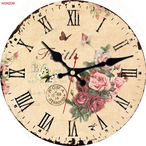 Reloj de pared redondo de madera con de flores y flores, reloj de pared redondo decorativo con de números arábigos, sin tic-tac, grande, para dormitorios y baño: 13356 / 14inch(34CM)