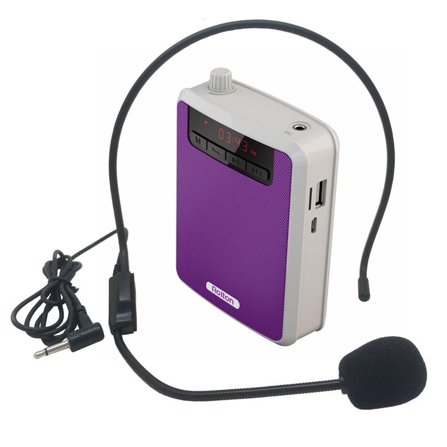 Rolton K300 Portable Megaphone Voice Amplifier Band Waist Radio Clip Support FM TF MP3 Speaker Power Bank Tour Guides, Teachers: purple