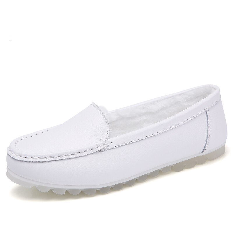 O16U Loafers Vrouwen Schoenen Echt Lederen Slip-on Vrouwen Ballet Flats Soft Hakken Klimplanten mocassins Moeder schoenen: white plush B.8819 / 7.5