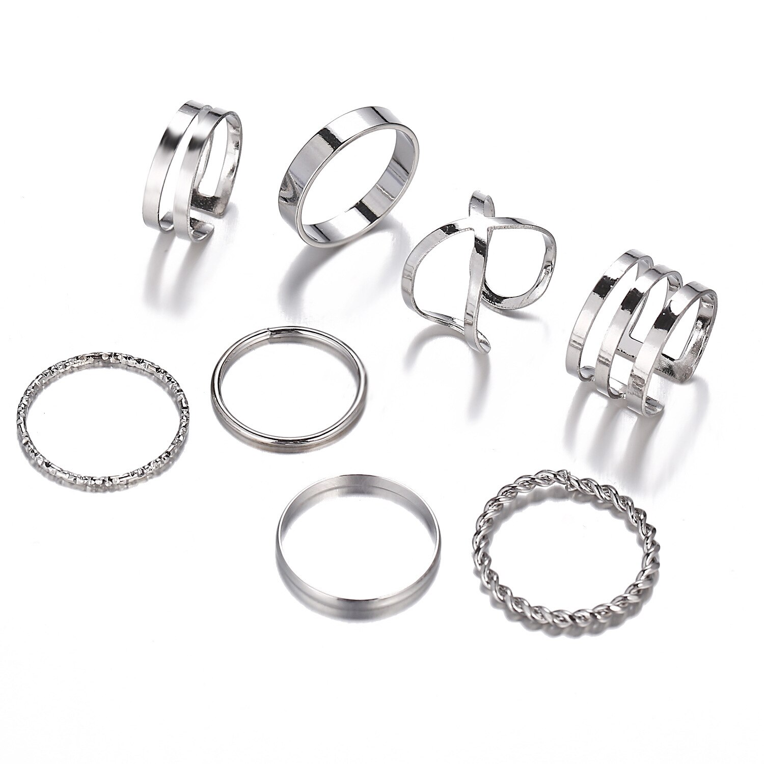 8 Stks/set Bohemian Vintage Ronde Hollow Geometrische Ringen Voor Vrouwen Mode Cross Twist Open Ring Knuckle Vinger Ringen Sieraden: Sliver