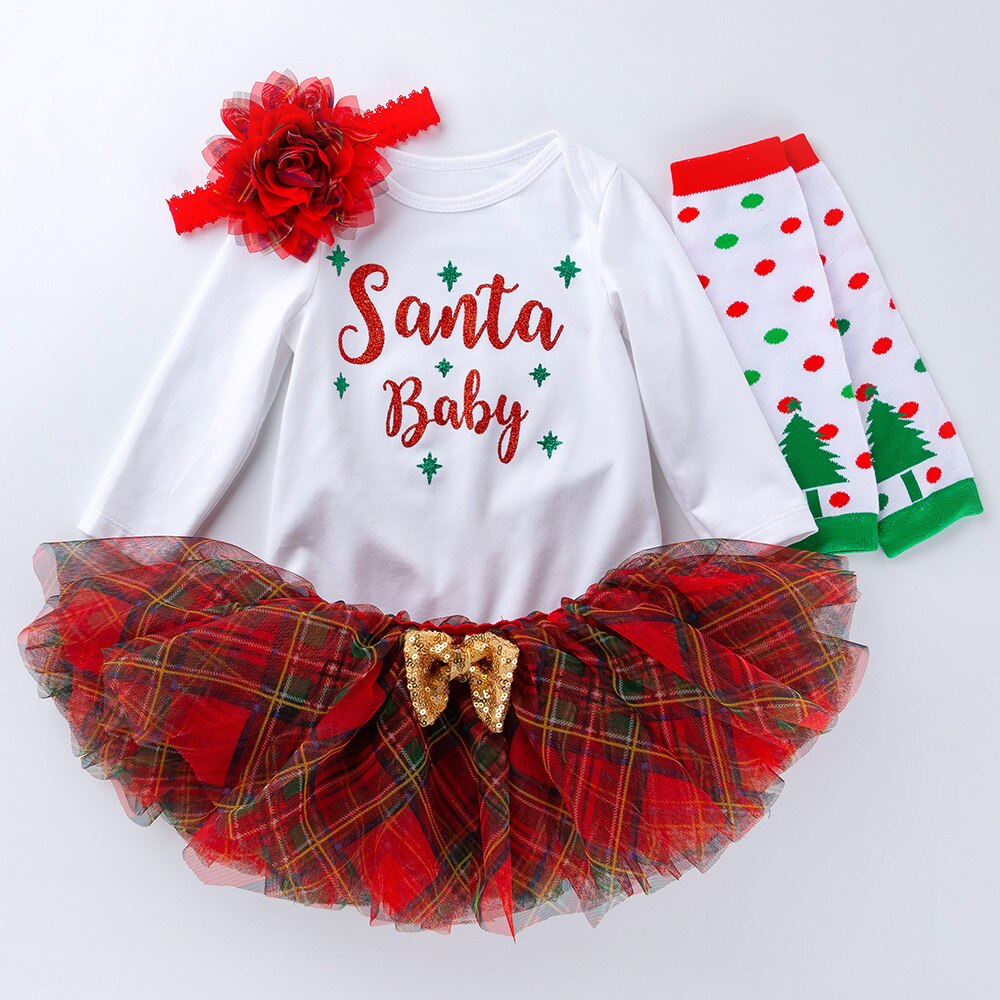 Kerst Rood Rooster Tutu Rokken Bloem Lange Mouw Rompertjes Baby Kleding Set Baby Meisje Kleding Katoenen Sokken Hoofdband 3/4Pcs: F5059-d3 / 6m