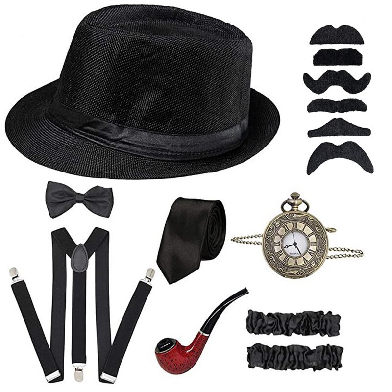 Cosplay kostyme 1920s herre gatsby gangster kostyme 8 stk tilbehørssett for mann: Hvit