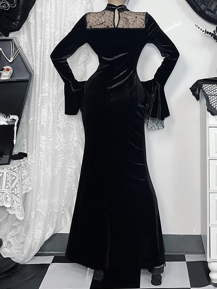 AltGoth-vestido Midi gótico oscuro de terciopelo para mujer, ropa de calle, estilo chino Vintage, tela de araña, malla de retales, vestido de de manga larga
