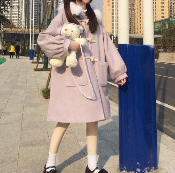 Koreańnarty styl Harajuku słodki zimowy ciepły płaszcz śliczny kawaii księżniczka temperament płaszcz żeńnarty czarny długi płaszcz lolita cos loli
