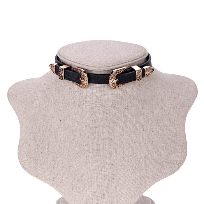 Vintage Women Choker Necklaces Pu Leather Belt Collar Choker With Double Buckles Adjustable Choker Jewelry For Girl: Gold