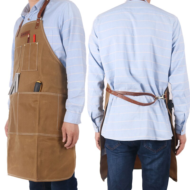 WEEYI delantal de lona encerado pesado Vintage para Barbero carpintero con correa de cuero mujeres hombres trabajo delantal BBQ Grill delantales delantal