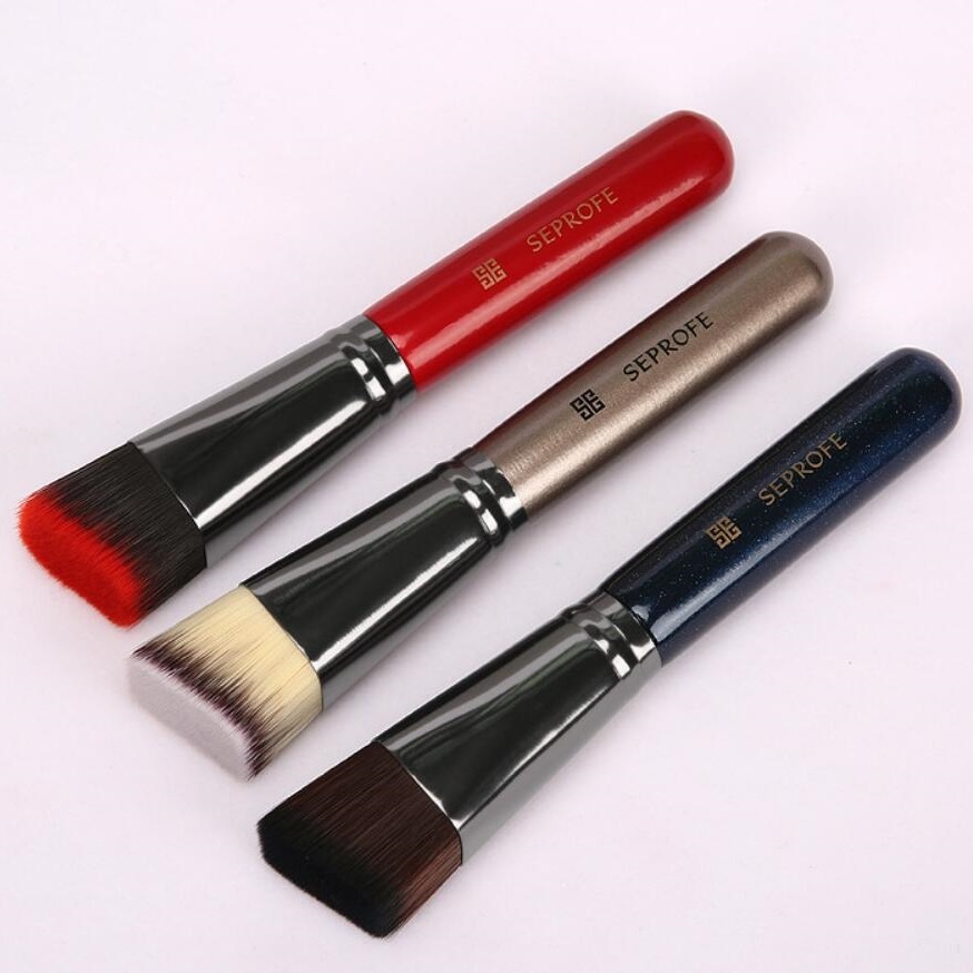 Juego de brochas de maquillaje base , 1 unidad, cabeza plana inclinable, corrector de mango pintado de madera y metal, herramientas de maquillaje