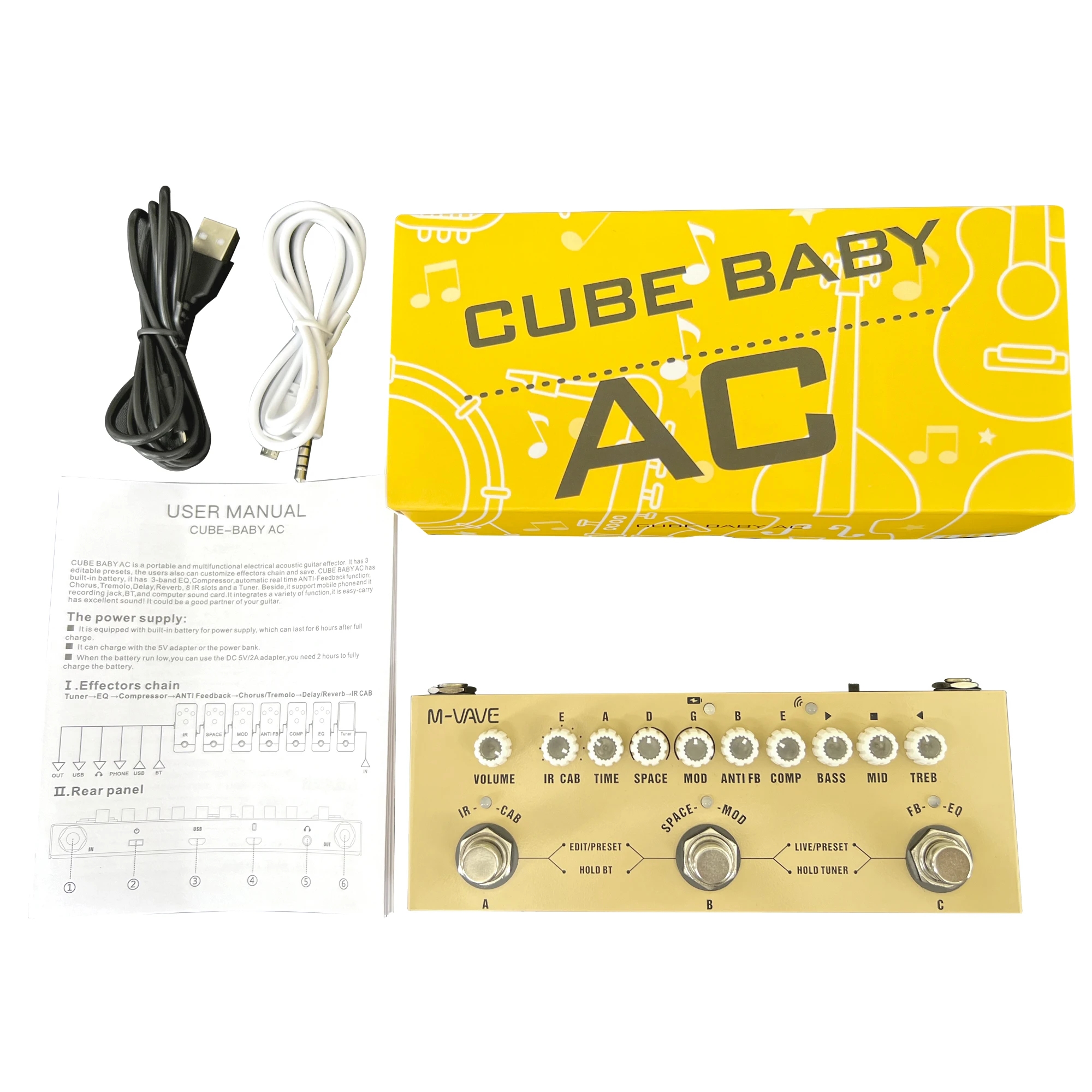 Pedal multiefectos recargable M-VAVE Cube BABY para guitarra acústica de madera, función de interfaz de Audio, Pedal Cuvave: BLANCO