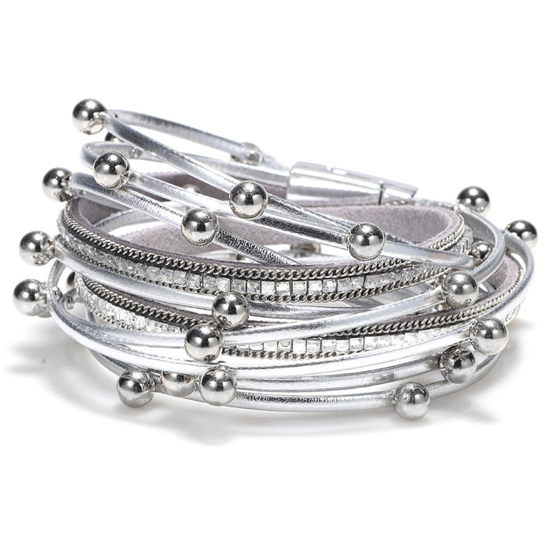 Rhinestone Beads Multilayer Ethnic Trendy Leather Bracelets Women Girl Cuff Bangle Female Jewelry geometric: white
