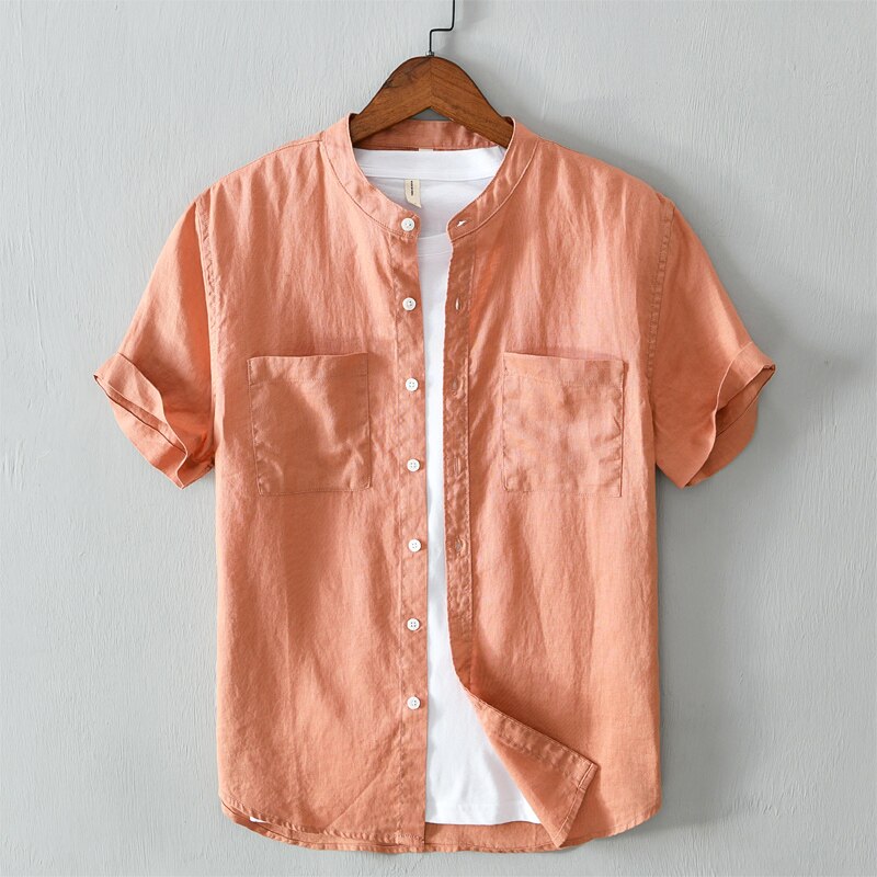 100%  linne vit skjorta herr kortärmade toppar sommar solid andas skjorta två fickor camisa masculina 560: Orange / Xxxl  (80-85) kg