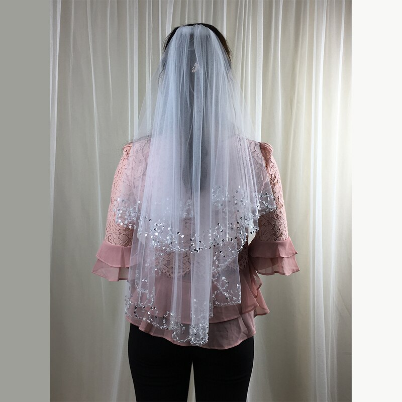 Blanc ivoire court 2 couches voile de mariage avec peigne mariée cristal voiles de mariée