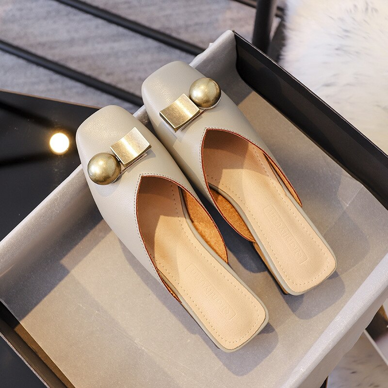 Femmes pantoufles sandales été en bois bloc talon sans lacet Mule talon chaussures décontractées métal boucle diapositives pantoufle