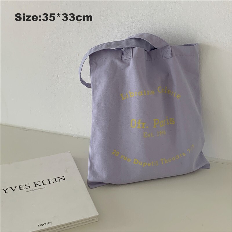 Bolsa de ombro de lona feminina paris letras impressão sacola de compras eco algodão linho shopper sacos de tecido de pano bolsa tote para meninas: Ofr Purple