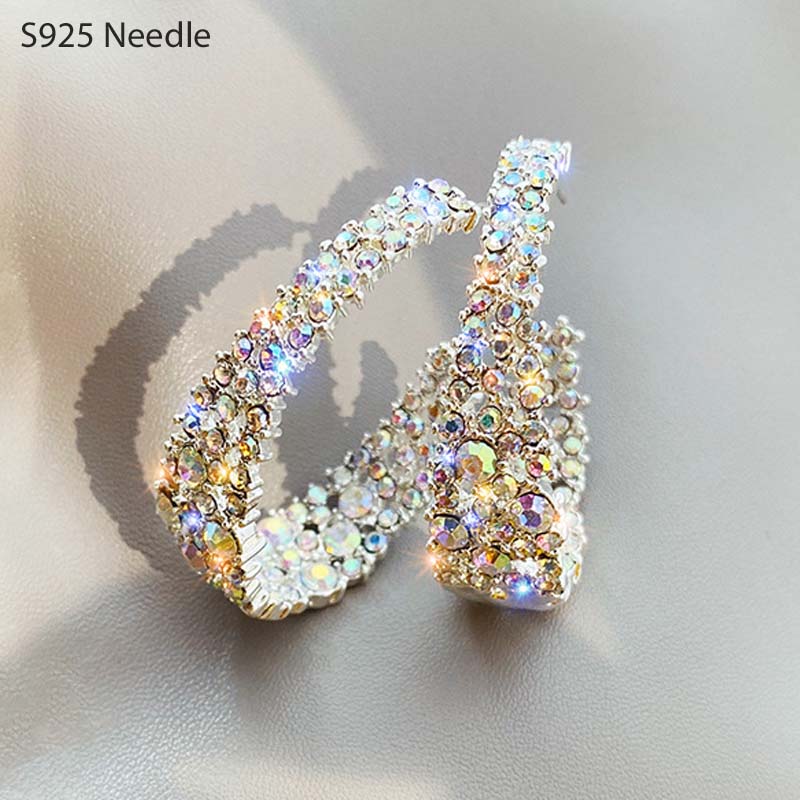 925 Sterling Zilveren Naald Hoepel Oorbellen Voor Vrouwen Sieraden Ronde Kleurrijke Strass Kristal Vrouwelijke Elegante Oorbellen