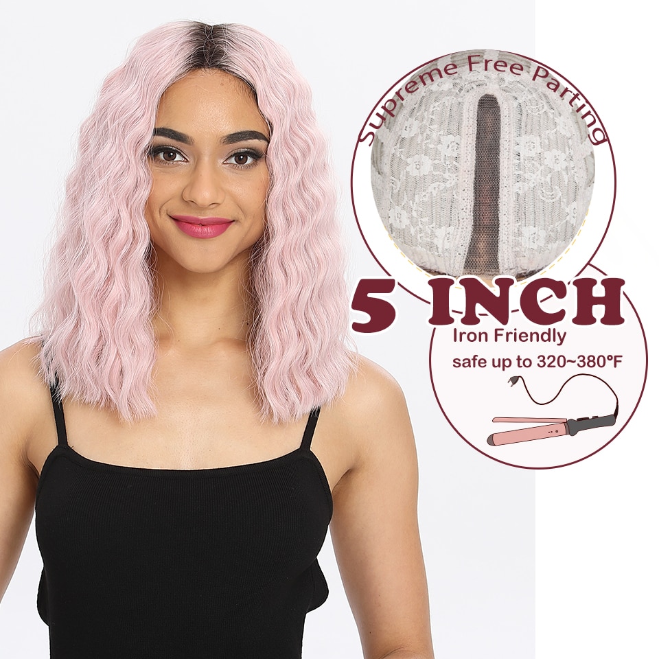 Pelucas sintéticas mágicas de 14 "con flequillo rosa y rojo, resistentes al calor, ondas al agua, para mujeres negras, encaje de estilo africano y americano