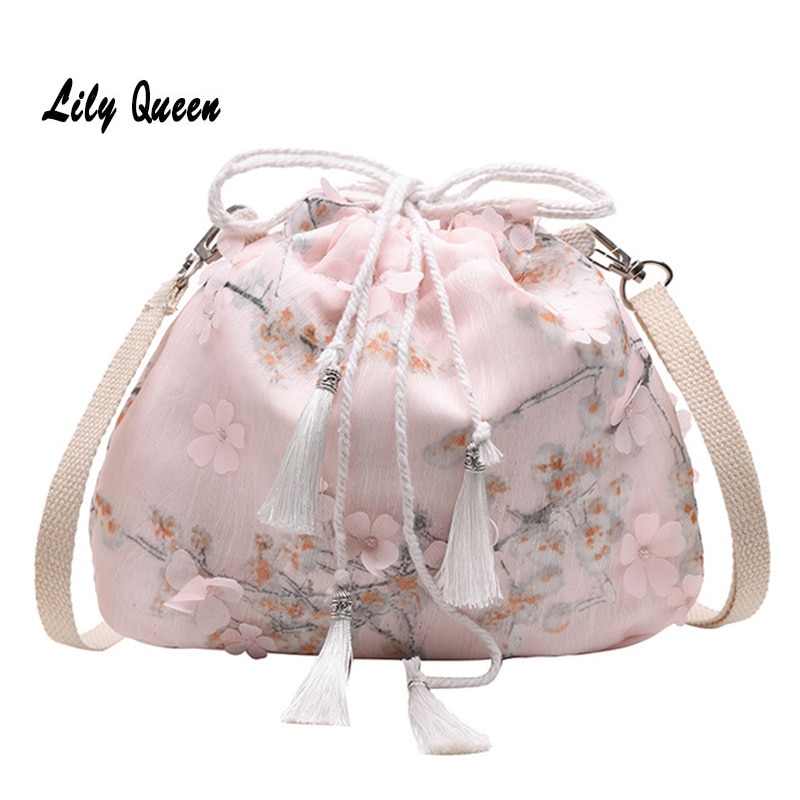 LILY QUEEN Chinese Style Crossbody Shoulder Bag Women Drawstring Tassel Canvas Purse Ladies Flowers Pouch