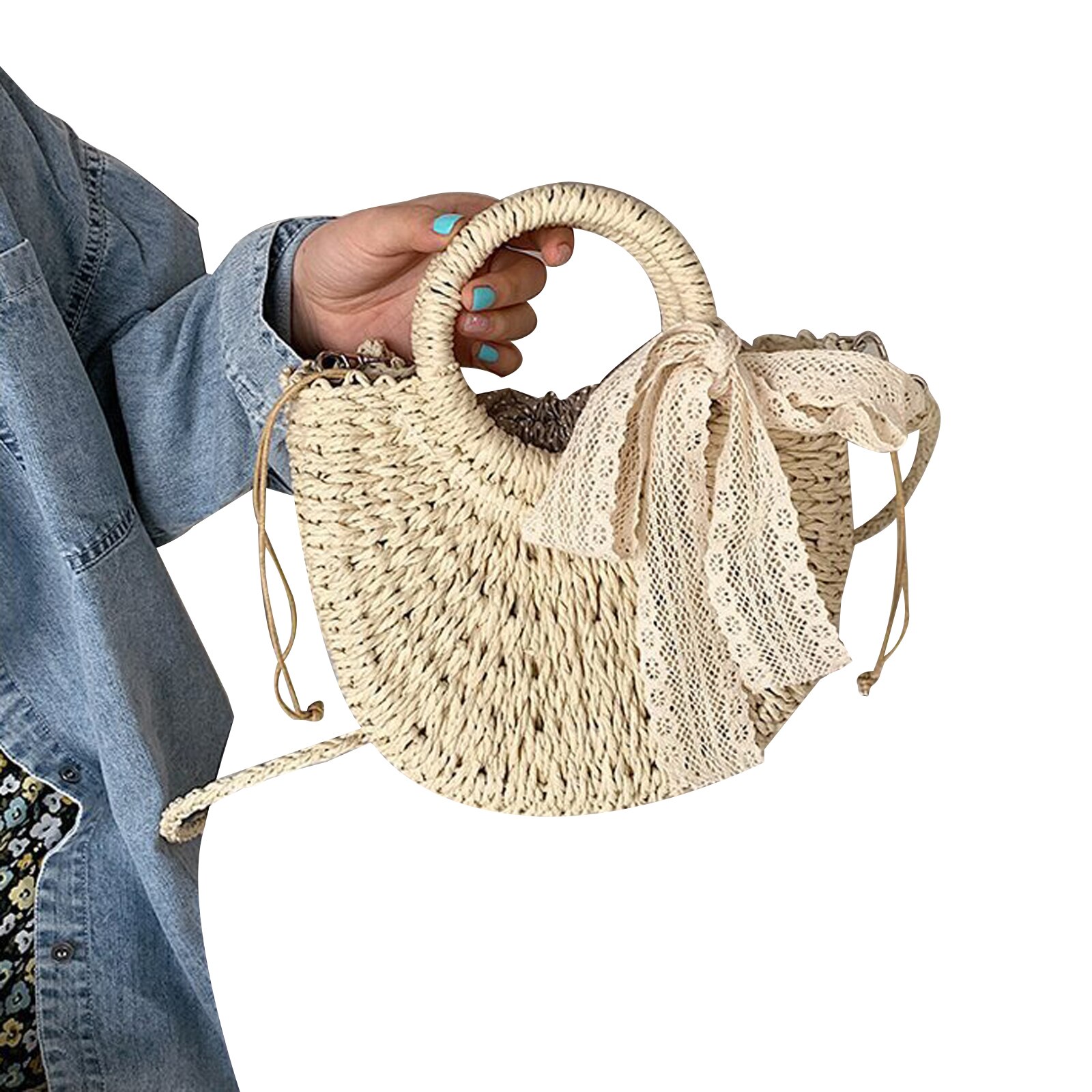 Bolsa de vime feita à mão, de palha, rattan, feminina, verão, vazada, bolsa de ombro cruzada, com laço, borlas: A
