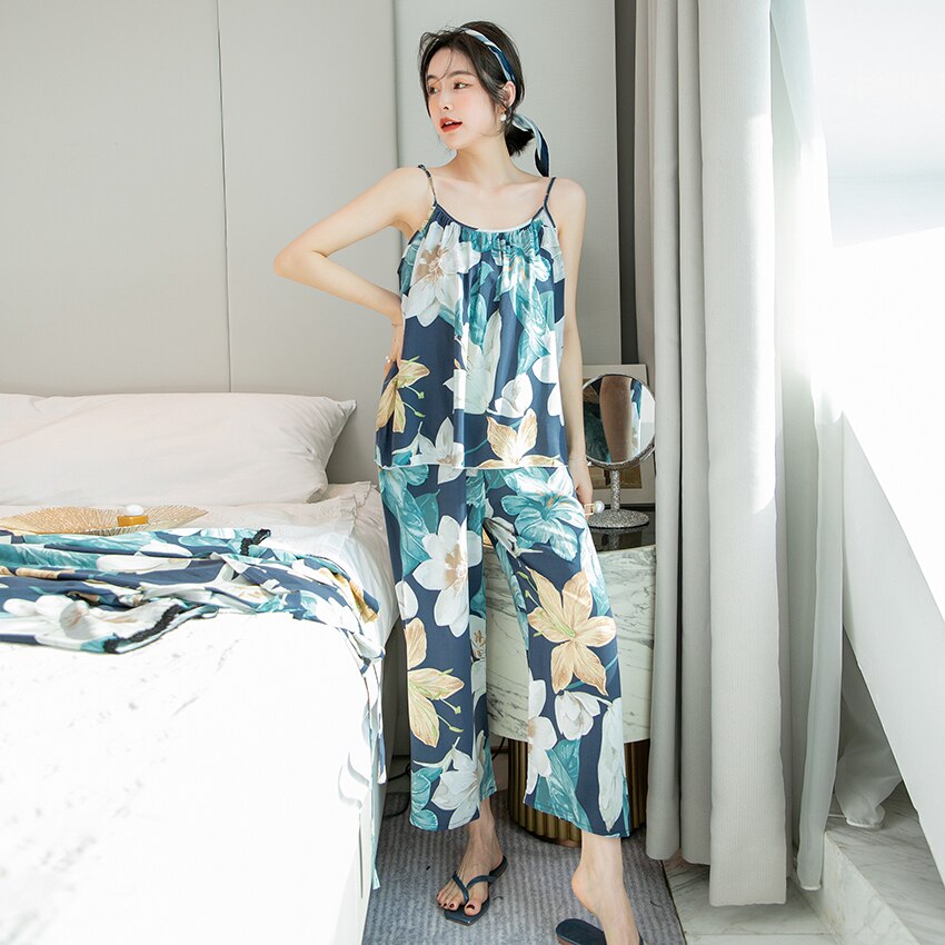 HECHAN Flowers Pattern Female Sleepwear 2 Piece Set Spaghetti Strap Sleeveless Tops Loose Print Pants Women Sets Casual Homewear