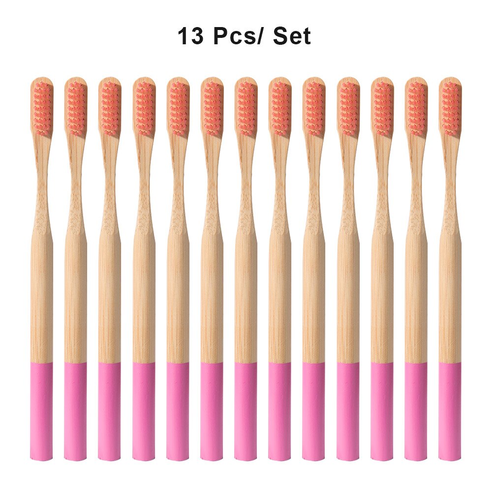 Miljövänligt trä regnbågtandborste bambu 12/13 st tandborste bambufiber träskaft tandborste blekning färgglad: 13 st rosa röd