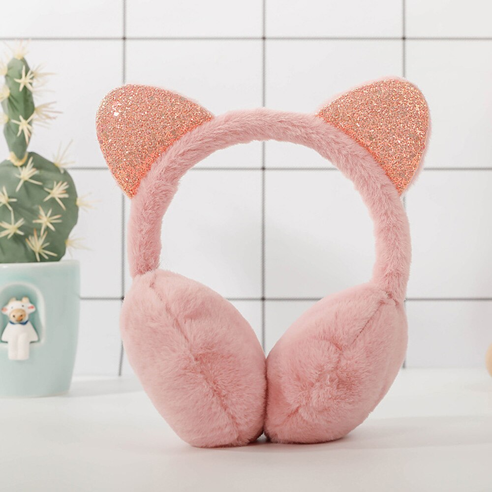 Orejeras de felpa con orejas de gato para niño, orejeras bonitas y cálidas para exteriores, de lentejuelas brillantes, suaves, diadema para niño, 6 colores: dark pink
