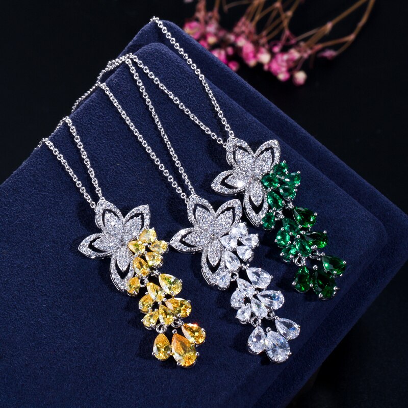 CWWZircons Cubic Zirconia Tassel Flower Earrings and Pendant Necklace Ladies Jewelry Sets T334