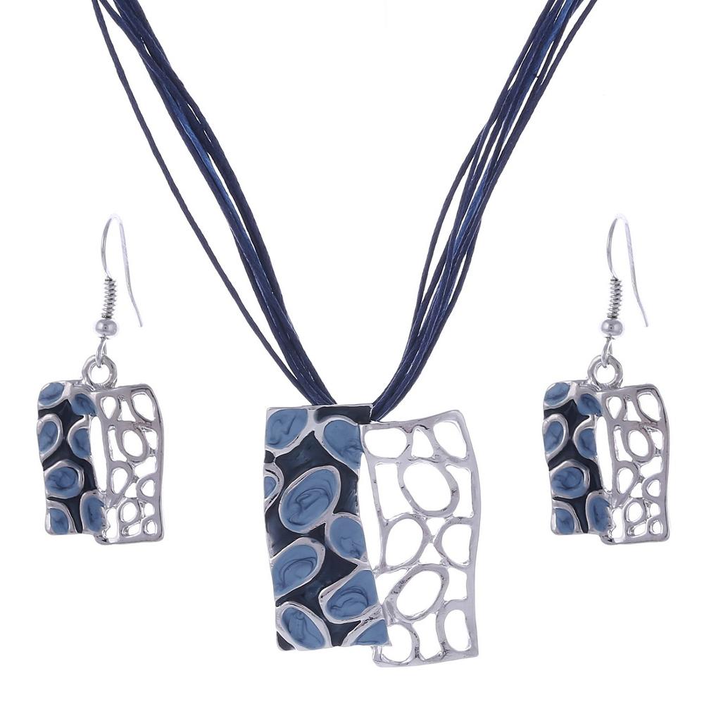 Emalje smykke sæt delikat læder reb vedhæng geometri choker halskæde øreringe sæt boho smykke sæt: F813