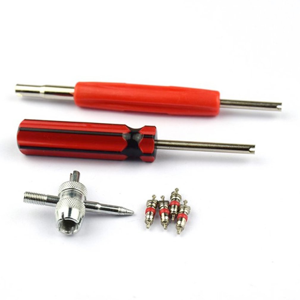 Tire Valve Repair Tool Set Dual Single Head Valve Core Remover Tools with 4-Way Valve Tool Brass Valve Cores