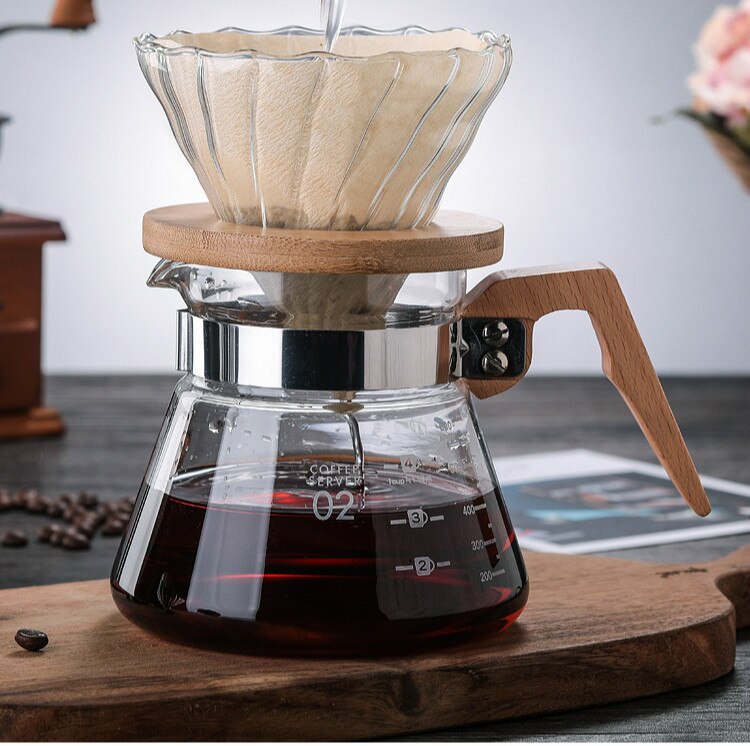 Värmebeständigt glas borosilikat kaffedroppskanna kaffekanna kafébryggare droppvattenkokare vattenflaska häll över trähandtag