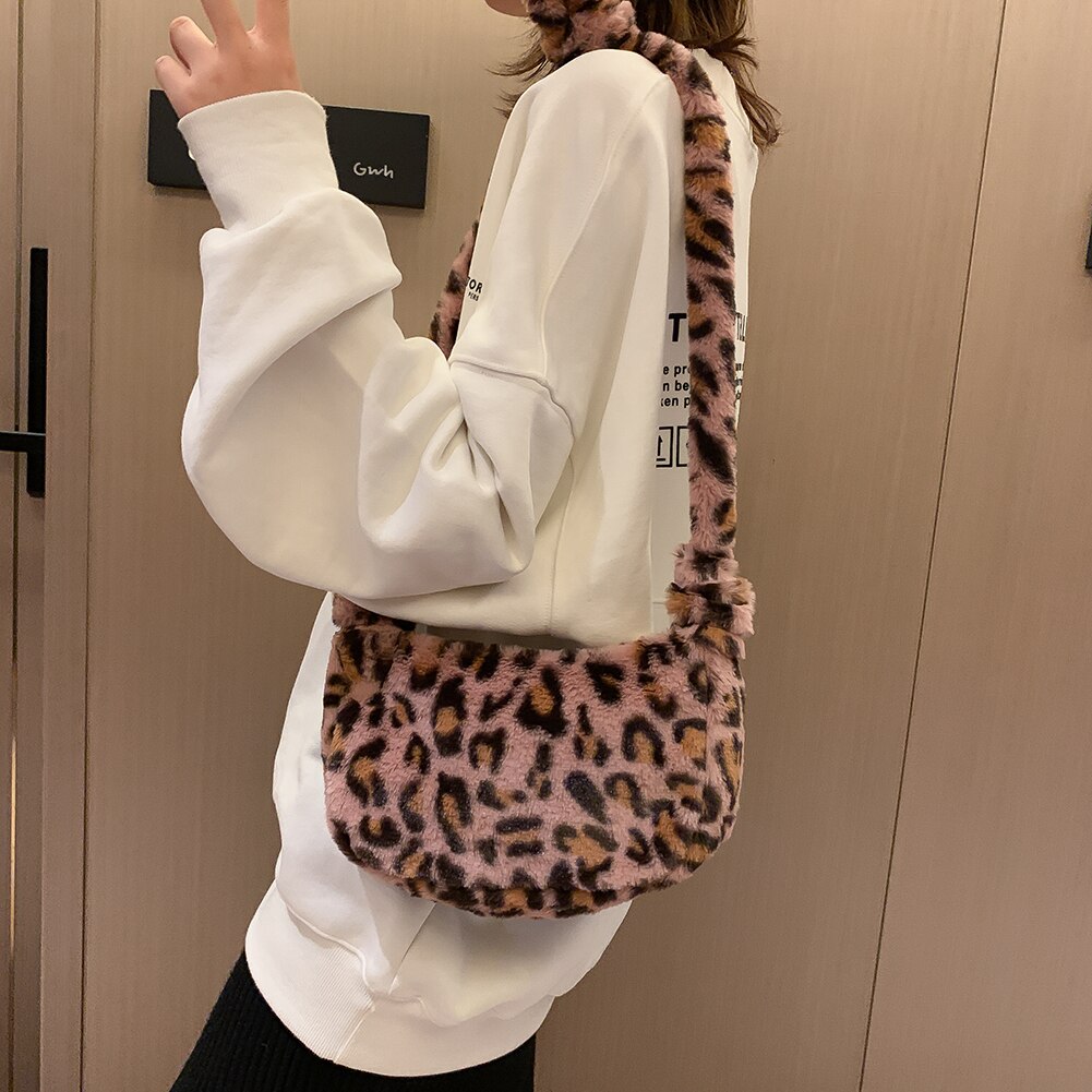 Mode Luipaard Print Crossbody Tassen Voor Vrouwen Herfst Winter Pluche Zachte Schouder Messenger Handtas Tas Pluizige Сумка Женская