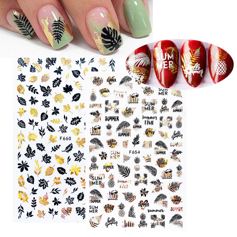 4 stk sommer nail art klistermærker blade bogstav geometrisk 3d selvklæbende skyder negle dekoration guld sort hvid manicure folie sæt