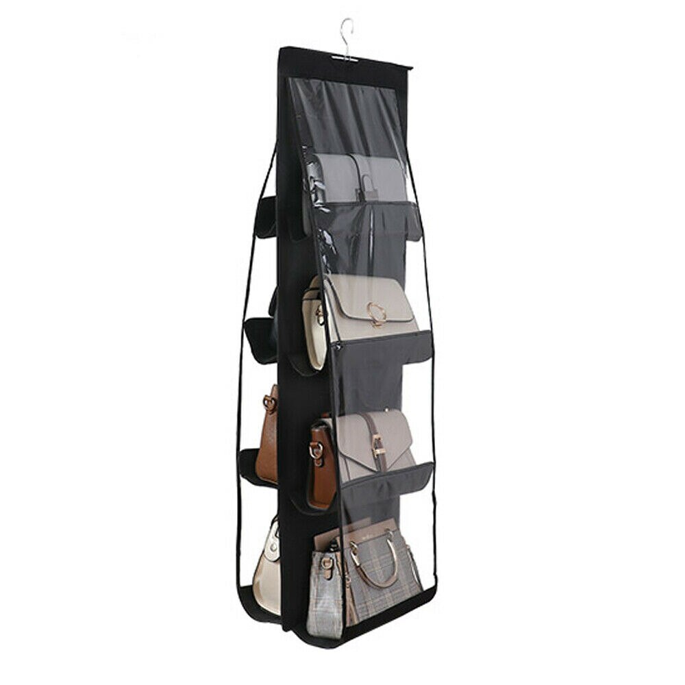 8 Pockets Shelf Bag Hanging Handbag Organizer Storage Holder Wardrobe Closets UK: Black / 8 Pockets