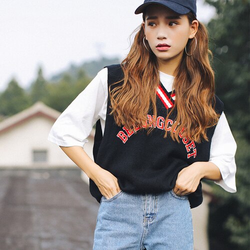Efterårs koreansk stil preppy bogstaver broderi stribet v-hals strik sweater vest strik ærmeløs pullover vest  t130
