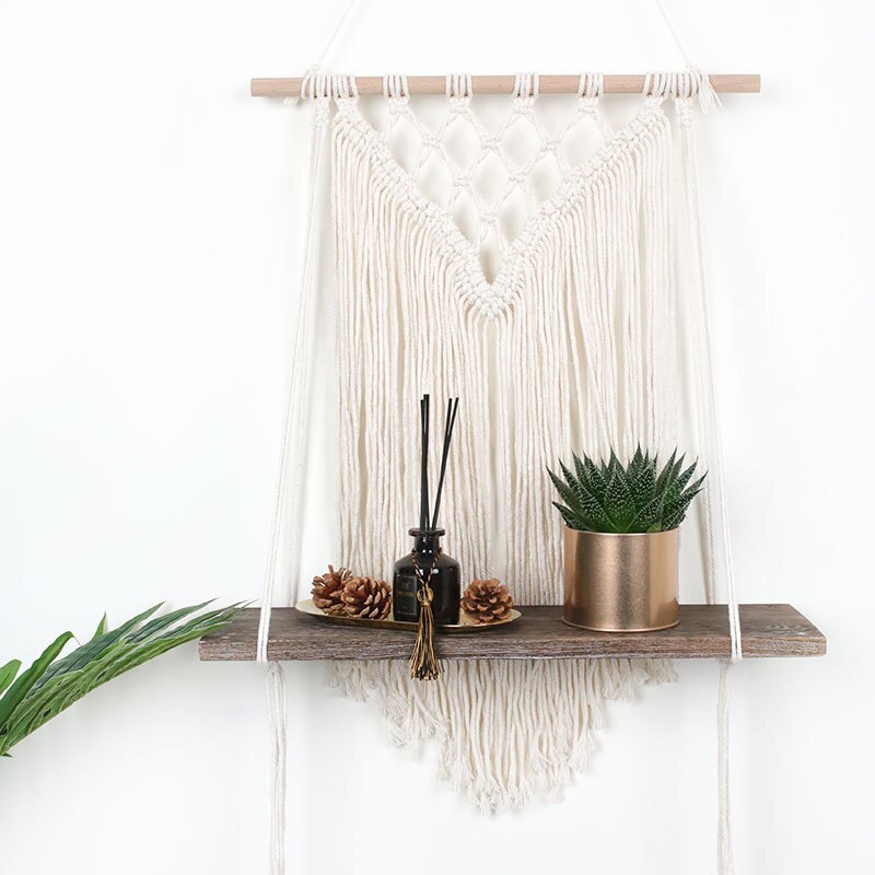 Macrame Hanging Planter Basket Wall Handmade Plant Hanger Pot Tassel Wooden Shelf Tapestry Apartment Dorm Room Decoration