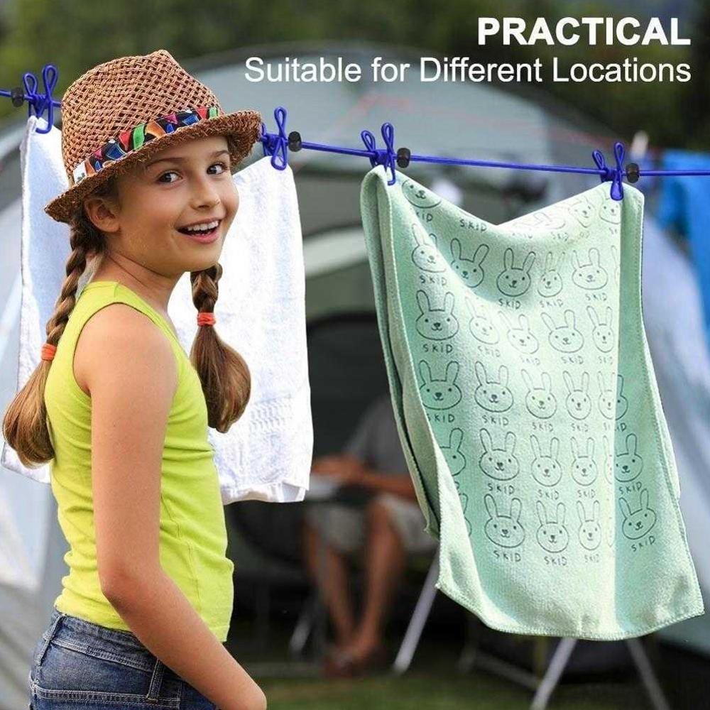 Solid Portable Travel Clothesline for Home Hotel Camping Indoor Outdoor Adjustable End Hooks 12 Clothespin Movable Locking Beads