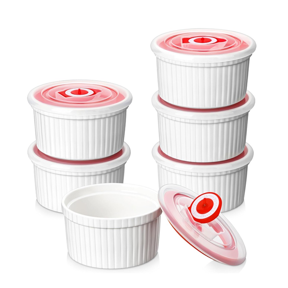 6pcs Baking Bowl 8 Oz Ramekin Porcelain with Lid Dessert Cup White High Temperature Resistant Pudding Cup Dishwasher: green