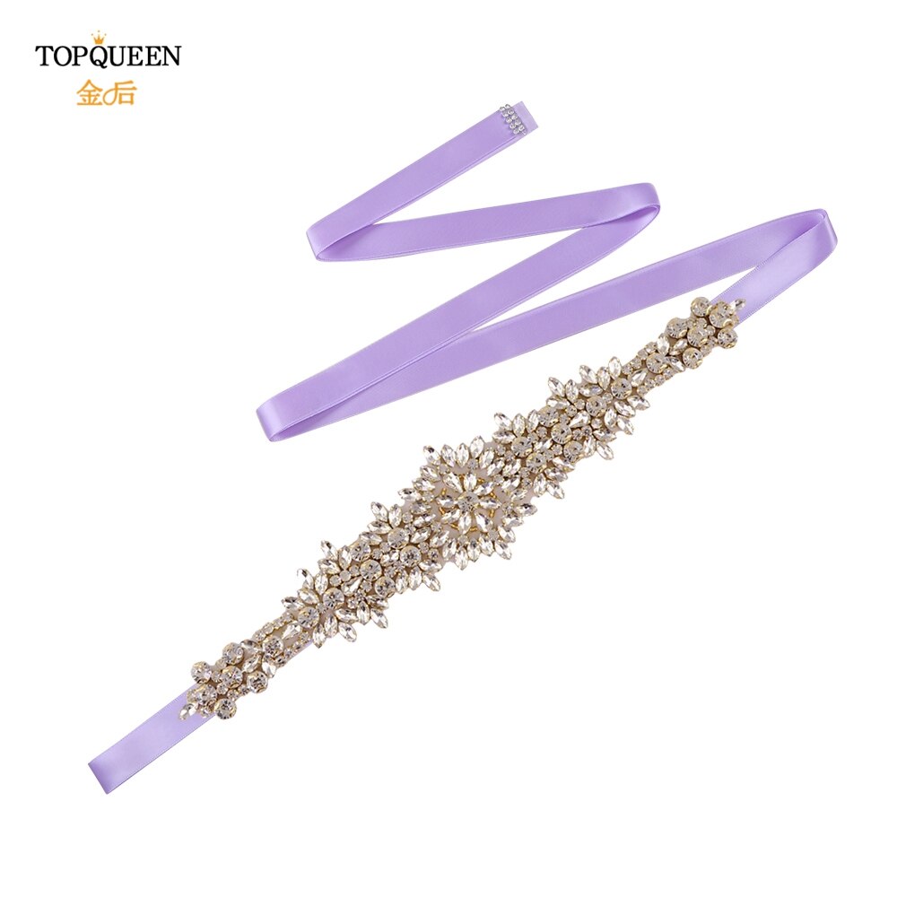 TOPQUEEN-cinturones para vestidos de novia de talla grande S319-G, cinturones dorados para mujer, cinturón de diamantes de imitación, cinta de lujo para novia, faja de boda: Lavender ribbon