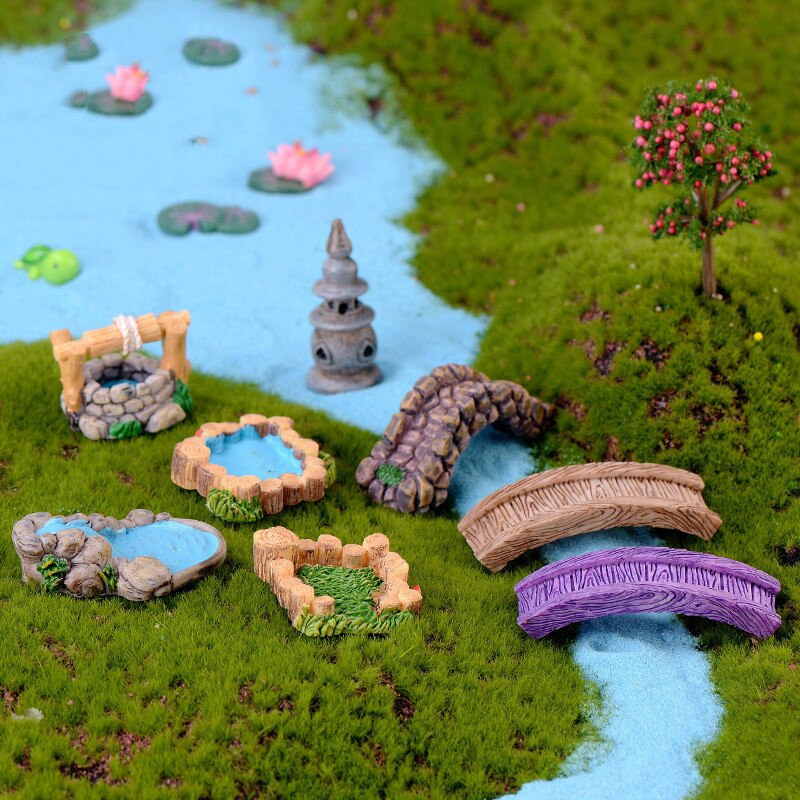 Miniatyrlandskap antik harts scen dekoration sjö fyr vattenbrunn damm bro vatten glas älva trädgårdstillbehör