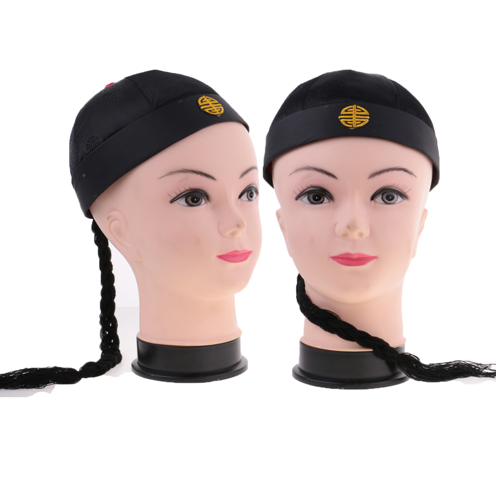 2x Novelty Adults Black Chinese Oriental Cap With Ponytail Party Costume Hat