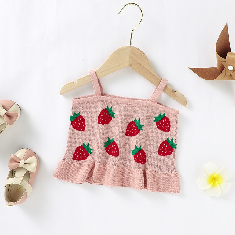 Camisola de punto para bebé, tirantes para niña recién nacida, Top de con volantes, bonita fresa, ropa de tirantes para niño pequeño, sin mangas de verano