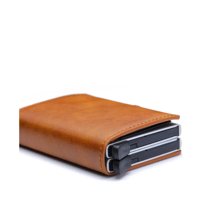 Tarjetero antirrobo para hombre, tarjetero con bloqueo Rfid doble, caja de aluminio de seguridad de cuero, monedero de Metal, tarjetero