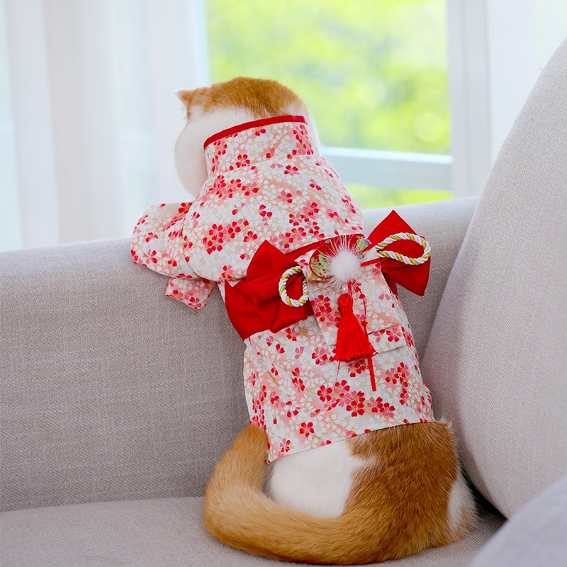 Ropa de perro mascota exquisito pequeño Floral japonés Kimono ropa de perro arco falda para mascotas Cuatro estaciones disponibles para perros pequeños